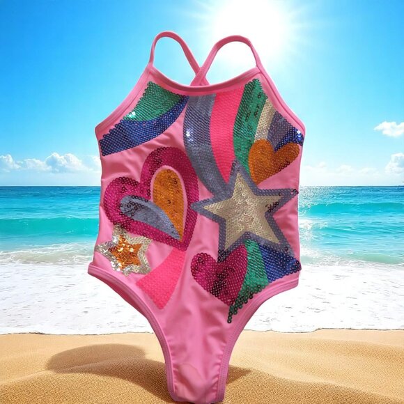 Flapdoodles Kids' Comic Sequin One-Piece Swimsuit, Girl's Size 5, NWT